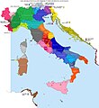 Aree di diffusione dei gruppi dialettali di Italia e di zone limitrofe, che tiene conto sia delle aree di transizione sia di quelle mistilingui.