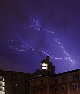 Multiple lightning strikes on a city at night