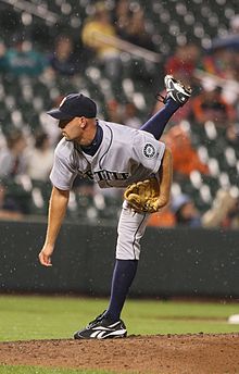 David Aardsma, in his follow-through after throwing a pitch for the Seattle Mariners
