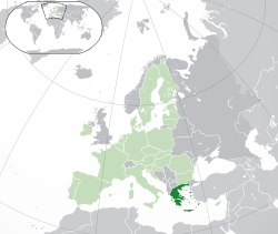 Location o  Greece  (dark green) – on the European continent  (green & dark grey) – in the European Union  (green)  —  [Legend]