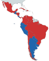 Image 16In blue countries under right-wing governments and in red countries under left-wing and centre-left governments as of 2023 (from History of Latin America)
