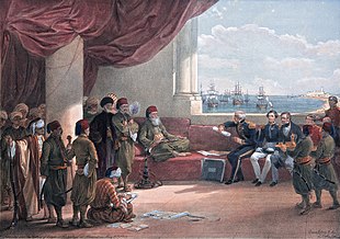 مُحمَّد علي باشا يستقبلُ وفدًا بريطانيًّا في قصر رأس التين بِالإسكندريَّة، يتقدَّمهم الرسَّام المُستشرق ديڤيد روبرتس
