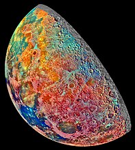 False color mosaic by Galileo showing compositional variations of the Moon's surface