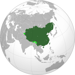 The Qing dynasty at its greatest extent in 1760. Territory under its control shown in dark green; territory claimed but not under its control shown in light green.