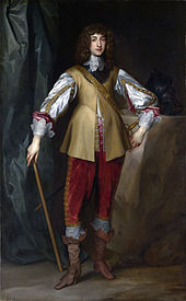 The painting shows a young looking Prince Rupert standing upright, wearing smart court clothes and a large waistcoat. His hair is long, black and curled. He is holding a cane in one hand and looks proud.
