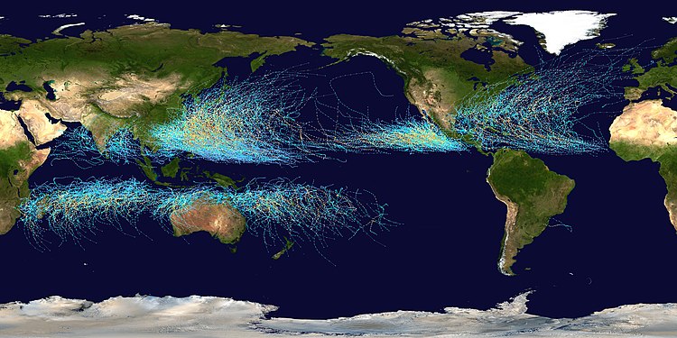This map shows the tracks of all tropical cyclones that formed worldwide from 1985 to 2005. The points show the locations of the storms at six-hourly intervals and use the color scheme shown on the right from the Saffir-Simpson Hurricane Scale. (Credit: Nilfanion.)