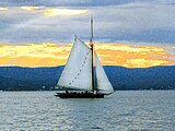 The gaff-rigged sloop Clearwater sailing on the Hudson River (photo by Anthony Pepitone).