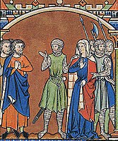 Maciejowski Bible, Leaf 37, the 3rd image, Abner (in the centre in green) sends Michal back to David.