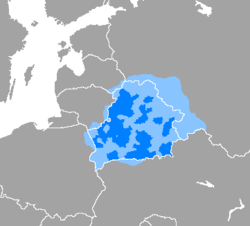 A belarusz nyelv elterjedése (sötétkék: többségi használat, világoskék: kisebbségi használat)