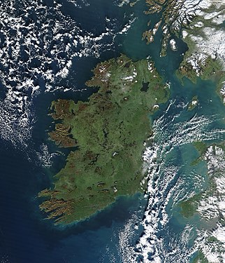 A true-color picture of Ireland, as seen from space, with the Atlantic Ocean to the west and the Irish Sea to the east.