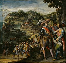 Gemälde, welches die spanische Eroberung von St. Kitts 1629 zeigt