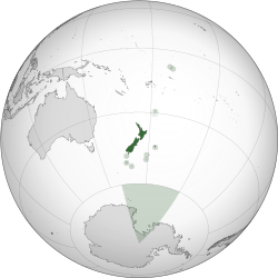 Bản đồ bán cầu có tâm ở New Zealand, sử dụng phép chiếu trực quan.