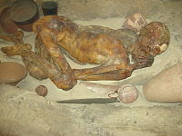 Gebelein predynastic mummy, with Naqada II decorated jars on its side, circa 3400 BC