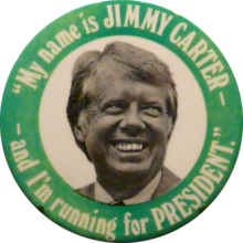 A presidential campaign button with Carter's face on it, and "My name is Jimmy Carter, and I'm running for President" written