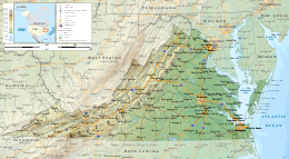 A topographic map of Virginia, with text identifying cities and natural features.