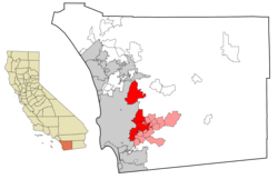 East County cities (red) and census-designated places (pink)