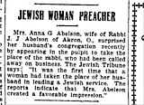 1908 article describing how Anna Abelson assumed the role of rabbi in her husband's absence (Trenton Evening Times, 1 Aug 1908)