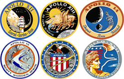Composite image of six production crewed Apollo lunar landing mission patches, from Apollo 12 to Apollo 17.