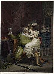 Falstaff cuddling Doll Tearsheet in a scene from a Shakespeare play