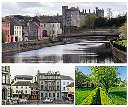 Clockwise from top: Kilkenny Castle and the River Nore; Butler Gardens; central Kilkenny