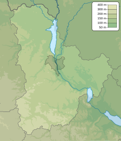 Mapa konturowa Kijowa i obwodu kijowskiego, u góry nieco na lewo znajduje się punkt z opisem „miejsce bitwy”