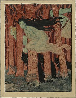 Grasset poster, Drei Frauen und drei Wölfe, circa 1892.