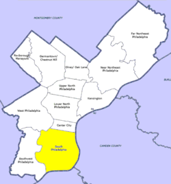 South Philadelphia highlighted on a map of Philadelphia County