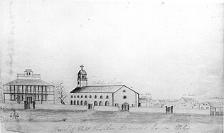 Drawing of Capt. Brewer's house next to the cathedral with domed tower, c. 1843
