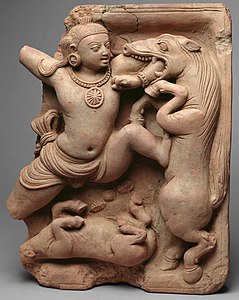 Gupta terracotta relief, Krishna Killing the Horse Demon Keshi, 5th century