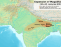 Approximate extent of the Haryanka dynasty and Shaishunaga dynasty.