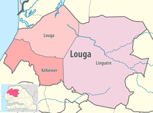 A map showcasing the3 departments of the Louga region: Louga, Kebemer, and Linguere.