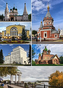 Clockwise, from top right: St. Alexander Nevsky's Chapel, St. John the Baptist's Church, Strelka Park from Volga Embankment, Znamenskaya Tower, Volkov Theater, St. Elijah the Prophet's Church