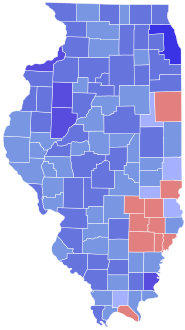 A map of the state of Illinois divided by county. A majority of the counties are colored blue, while the rest are colored red.