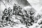 Litografi etter Carl Andreas Dahlströms tegning av soldater som bærer liket av heltekongen i sikkerhet. Lars Johan Hierte (utg.): Teckningar till Sveriges historia, 1851.