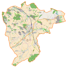 Mapa konturowa gminy Strzegom, w centrum znajduje się punkt z opisem „Bazylika Świętych Apostołów Piotra i Pawła w Strzegomiu”