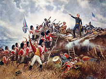 Peinture du général Andrew Jackson au sommet d'un parapet et dirigeant ses troupes.