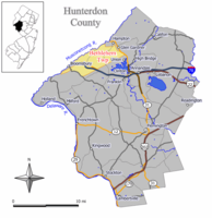 Location of Bethlehem Township in Hunterdon County highlighted in yellow (right). Inset map: Location of Hunterdon County in New Jersey highlighted in black (left).
