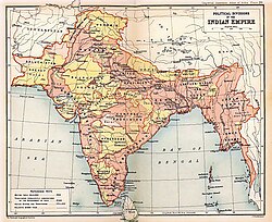 British Raj in 1909, showing British India in two shades of pink and Princely states in yellow