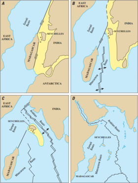 Four maps depicting the separation of Madagascar from India