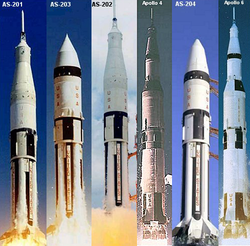 Composite image of uncrewed development Apollo mission launches in chronological sequence.
