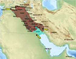 Map of the Akkadian Empire (brown) and the directions in which military campaigns were conducted (yellow arrows)