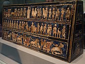 Standard of Ur; 2600–2400 BC; shell, red limestone and lapis lazuli on wood; length: 49.5 cm; from the Royal Cemetery at Ur; British Museum