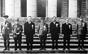 Greater East Asia Conference in November 1943, participants left to right: Ba Maw, Zhang Jinghui, Wang Jingwei, Hideki Tojo, Wan Waithayakon, José P. Laurel, Subhas Chandra Bose.