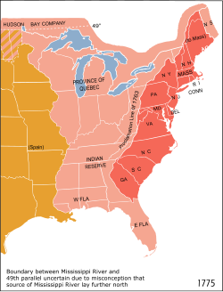 สิบสามอาณานิคม (สีแดง) เมื่อ ค.ศ. 1775 เทียบกับพรมแดนสมัยใหม่