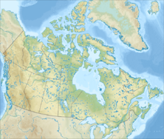 Mapa konturowa Kanady, blisko lewej krawiędzi na dole znajduje się punkt z opisem „Vancouver”
