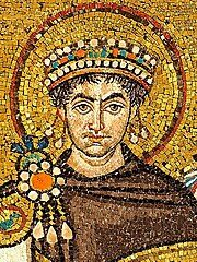 Byzantine art made lavish use of gold, seen in this detail of the mosaic of the Emperor Justinian from the Basilica of San Vitale in Ravenna, Italy (before 547 AD).