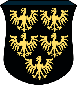 П'ятиорлиний герб Австрії Віднесено до маркграфа Адальберта (близько 985-1055) у родовому дереві Бабенбергерів близько 1490 р. - однак перший герб з'явився приблизно через 200 років після Адальберта.