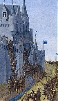 Armored soldiers deploy ladders in preparation for scaling a castle. Archers stand behind the soldiers and shoot with their bows and arrows.