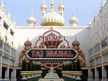 The entrance of the Trump Taj Mahal, a casino in Atlantic City. It has motifs evocative of the Taj Mahal in India.