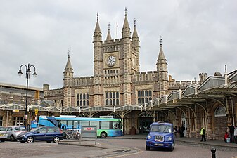 Bristol Temple Meads's cathedral-like[26] main entrance, 1870s